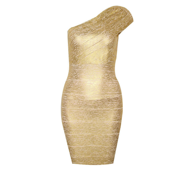 Sexy One-Shoulder Gold Bandage Dress Bodycon Club Party Prom Glitter Dress