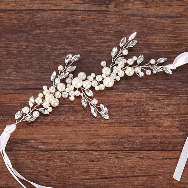 Trendy Silver Crystal Pearl Wedding Headband tiara For Bride Hair Accessories Handmade Pearl Bracelet Women Hiar Jewelry FD422