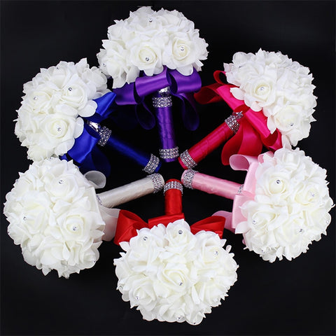 White Ivory Bridal Bridesmaid Flower Wedding Bouquet Artificial Flower Rose Bouquet Crystal Bridal Bouquets